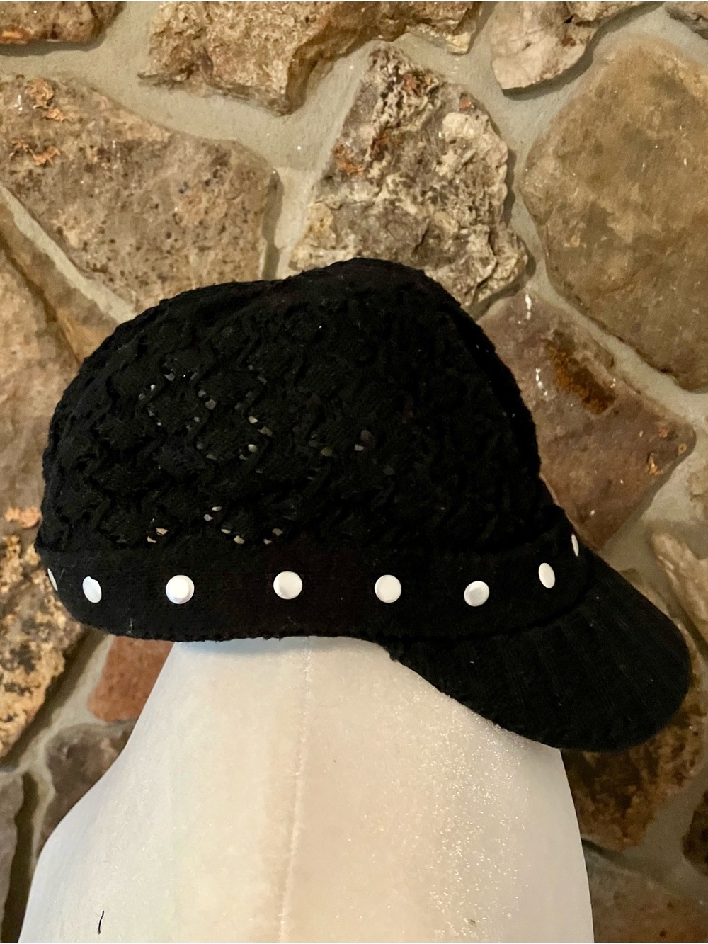 Black Knit Visor Hat with Stud Trim